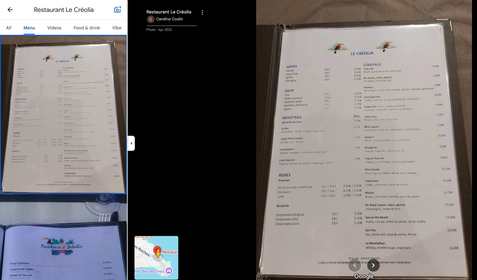 Carte boissons le Créolia
